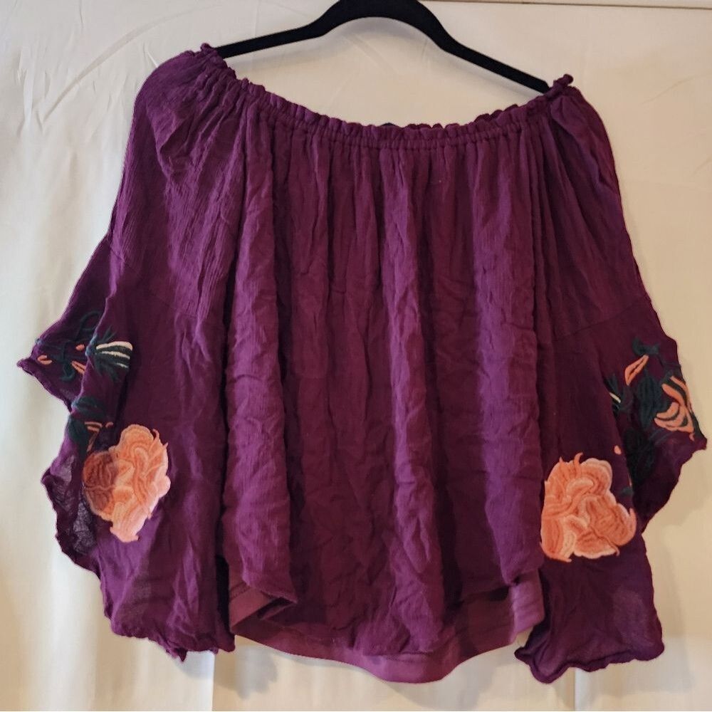 Blue Rain burgundy floral embroidered boho off shoulder blouse XS
